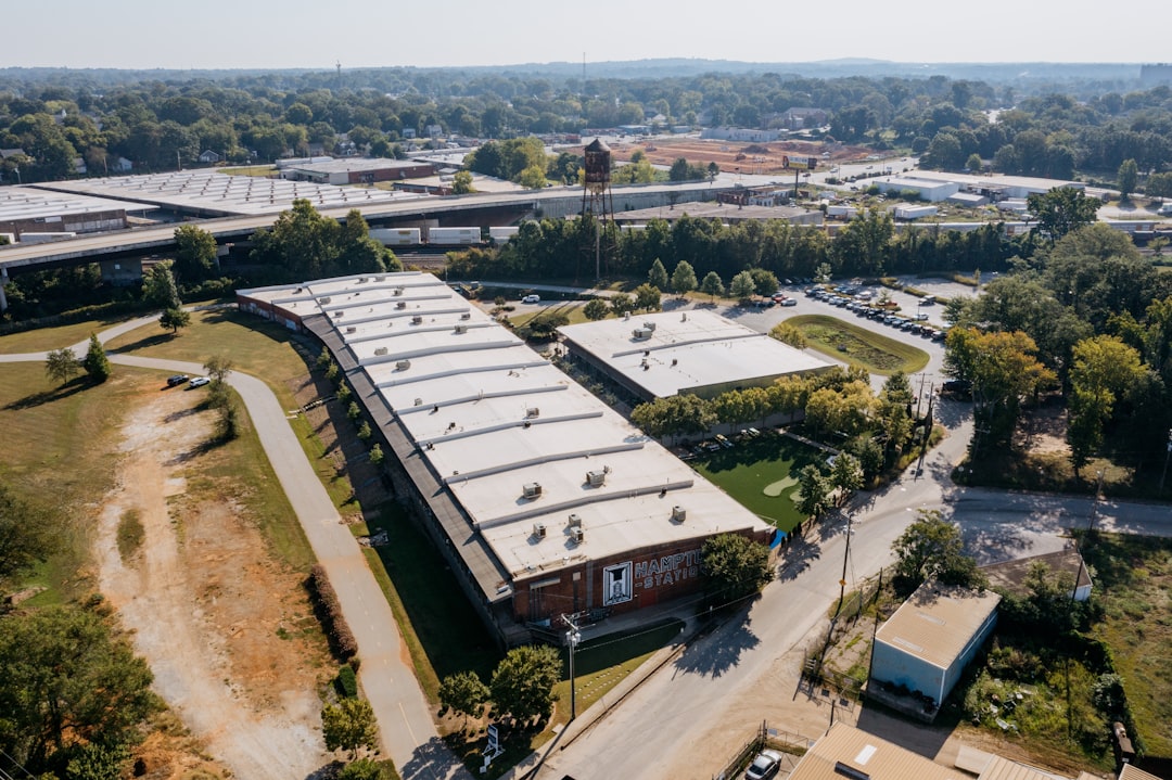 Aerial view of a modern logistics park with warehouses